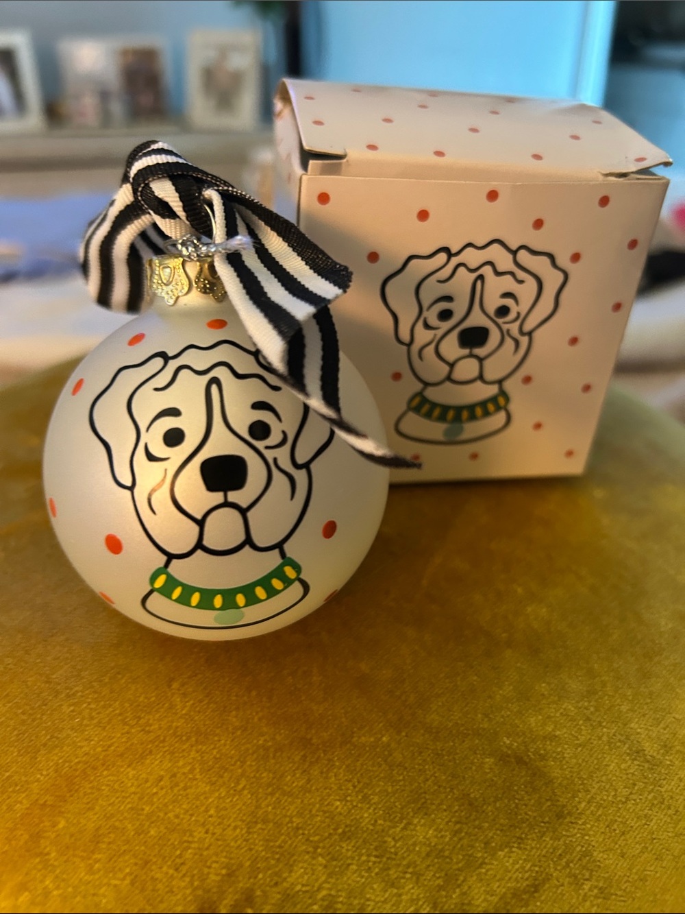 Coton Colors White Dog Face Ornament with Green Collar and Black-White Bow